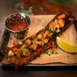 High angle view of food on table
