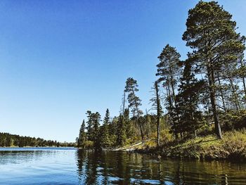 Scenic view of lake against clear blue sky