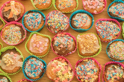 High angle view of cupcakes on table