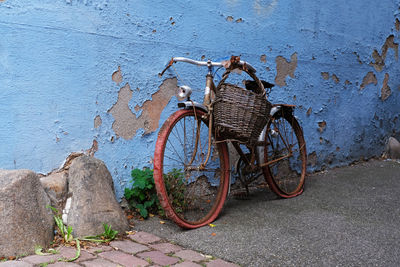 Bicycles parked on wall