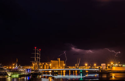 Panoramic view of illuminated harbor against sky at night