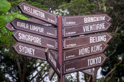 Close-up of information sign against trees