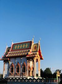 Low angle view of temple building against clear blue sky