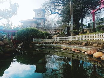 Reflection of trees and buildings in lake