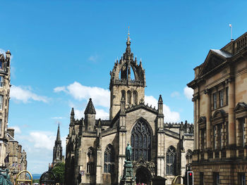 Low angle view of cathedral against clear blue sky