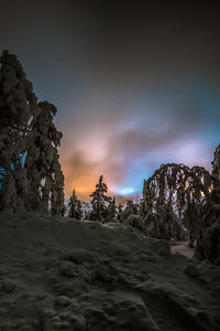 Scenic view of snow covered land against sky during sunset