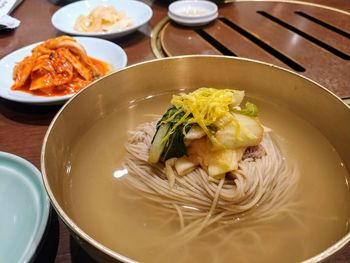 High angle view of soup in bowl on table