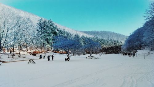 Snow covered landscape against clear sky