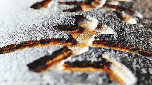 Full frame shot of frozen leaves during winter