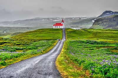 Road amidst green landscape against sky