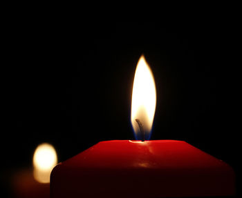 Close-up of lit candle in darkroom