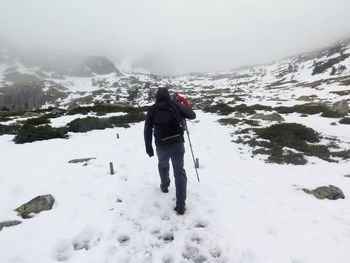 Rear view of woman on snowcapped mountain