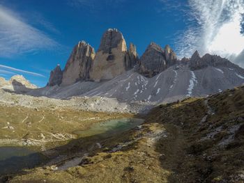 Panoramic view of snowcapped mountains against blue sky