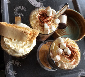 High angle view of hot chocolate served on table.