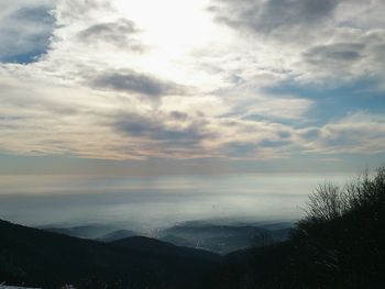 Scenic view of mountains against cloudy sky