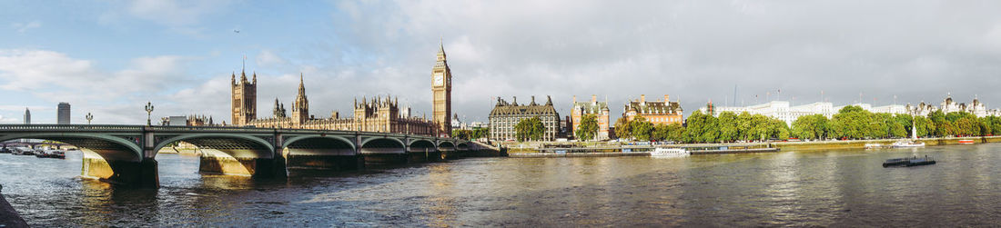 Panoramic view of bridge over river in city against sky