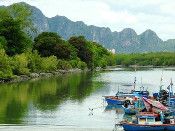 Scenic view of river by trees against sky