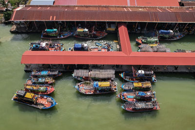High angle view of boats in sea
