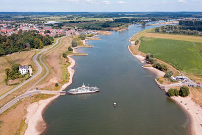 Aerial from the ferry at the river lek at wijk bij duurstede in the netherlands