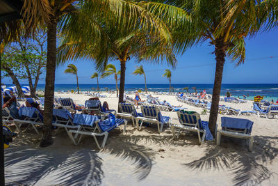 Lounge chairs and palm trees on beach against sky