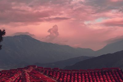 Scenic view of mountains against sky during sunset