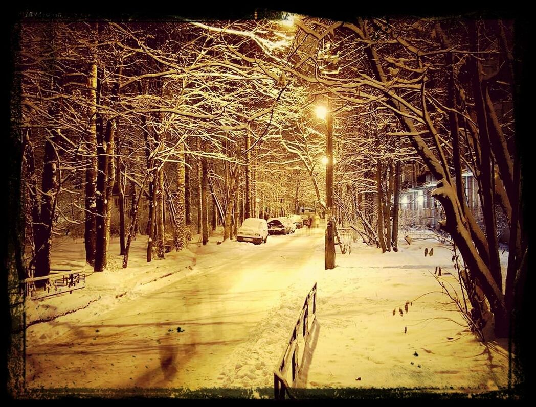 transfer print, auto post production filter, illuminated, night, tree, built structure, transportation, street light, street, the way forward, architecture, incidental people, outdoors, lighting equipment, road, no people, diminishing perspective, city, panoramic, building exterior