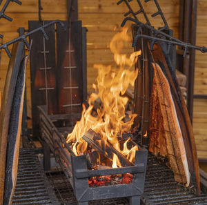 View of food on barbecue grill