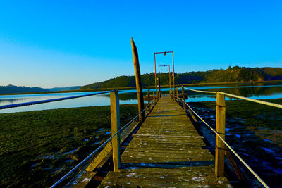 Boardwalk leading towards lake against clear blue sky