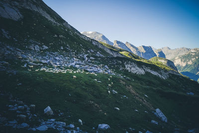 Scenic view of snowcapped mountains against clear sky