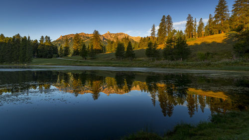 Reflection of trees in lake against sky during autumn