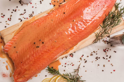 High angle view of fish on table