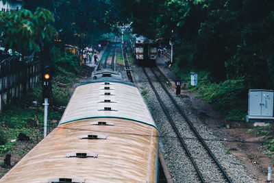 High angle view of train amidst trees in forest