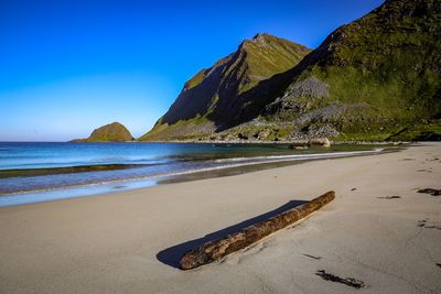 Scenic view of beach against clear blue sky