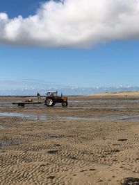 Horse cart on sand at beach against sky