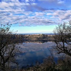 Reflection of trees in water against sky