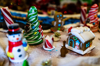 Close-up of christmas decorations on table