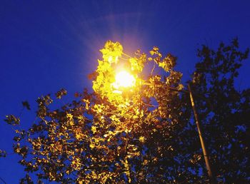 Low angle view of illuminated lights against blue sky