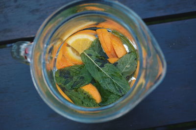 High angle view of drink in jar on table