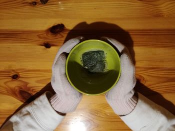 High angle view of drink on table