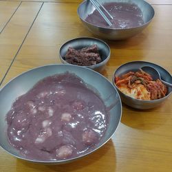 High angle view of meal served on table