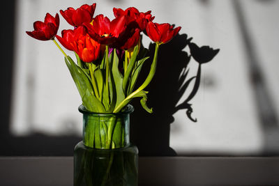 Close-up of red flower vase on table
