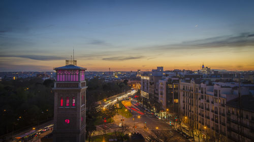 High angle view of city at night