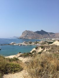 Scenic view of sea against clear blue sky