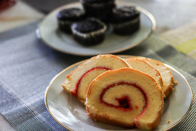 High angle view of dessert in plate on table