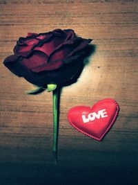 Close-up of red rose on table