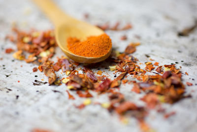 Close-up of paprika on wooden table