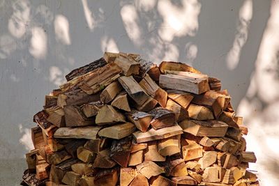 High angle view of stack of wood