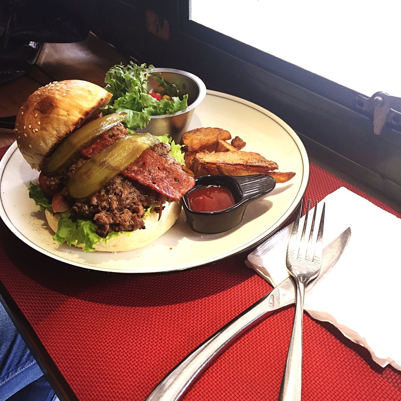 food, food and drink, freshness, ready-to-eat, plate, healthy eating, indoors, table, still life, high angle view, salad, serving size, meat, meal, indulgence, served, close-up, no people, directly above, vegetable