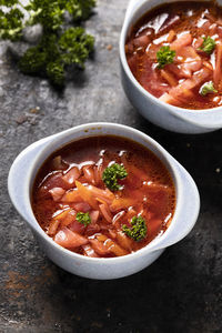 High angle view of soup in bowl on table