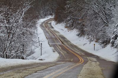 Empty road along snow covered plants